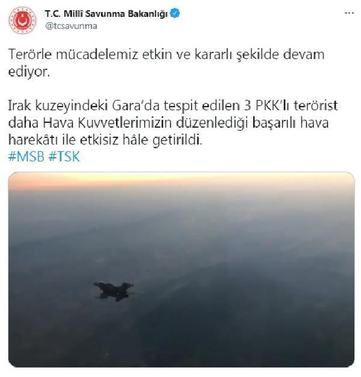 Irak\'ın kuzeyindeki Gara\'da 3 PKK\'lı terörist hava harekatıyla etkisiz hale getirildi