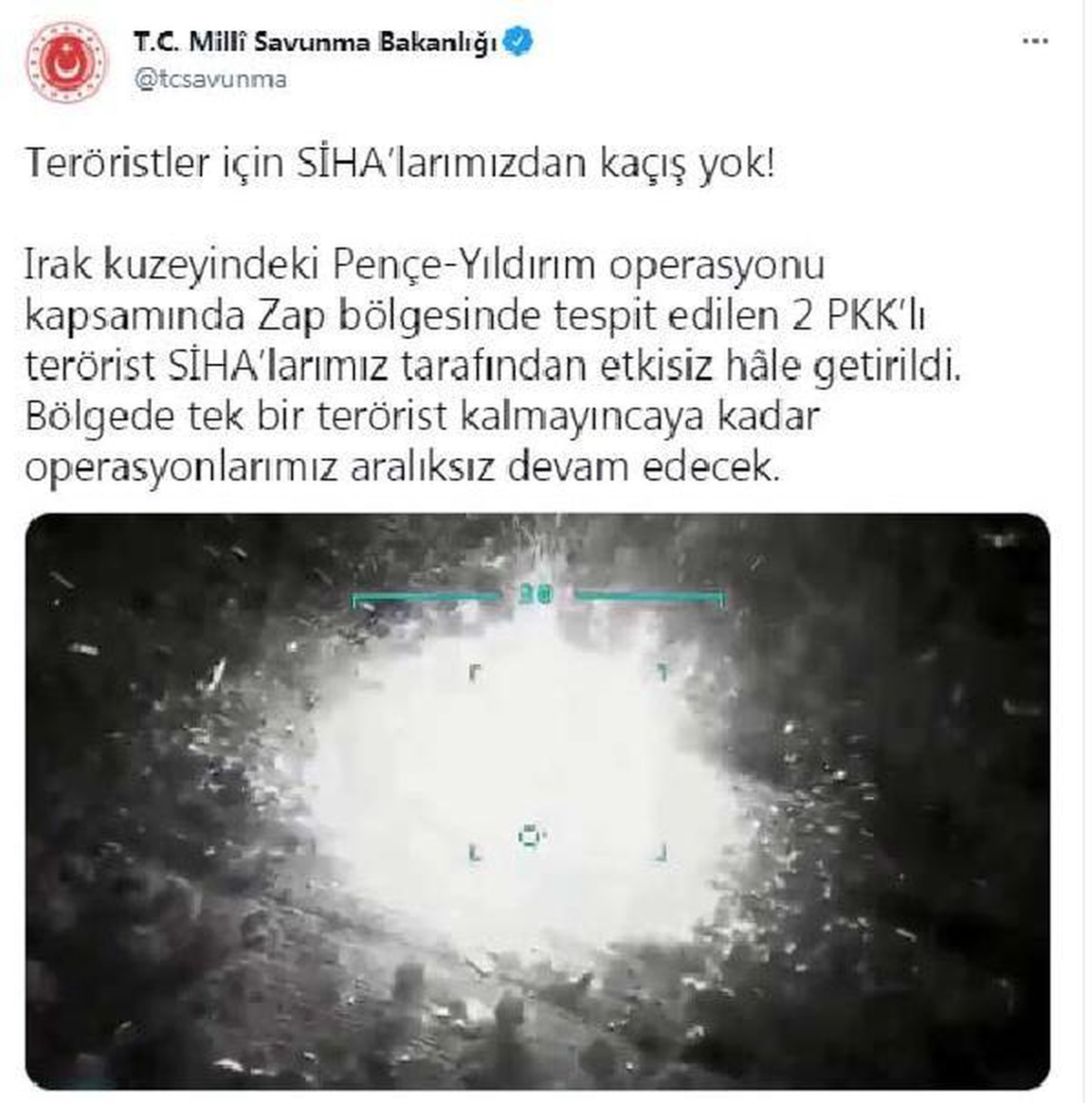 MSB: Irak\'ın kuzeyinde 2 PKK\'lı, SİHA ile etkisiz hale getirildi