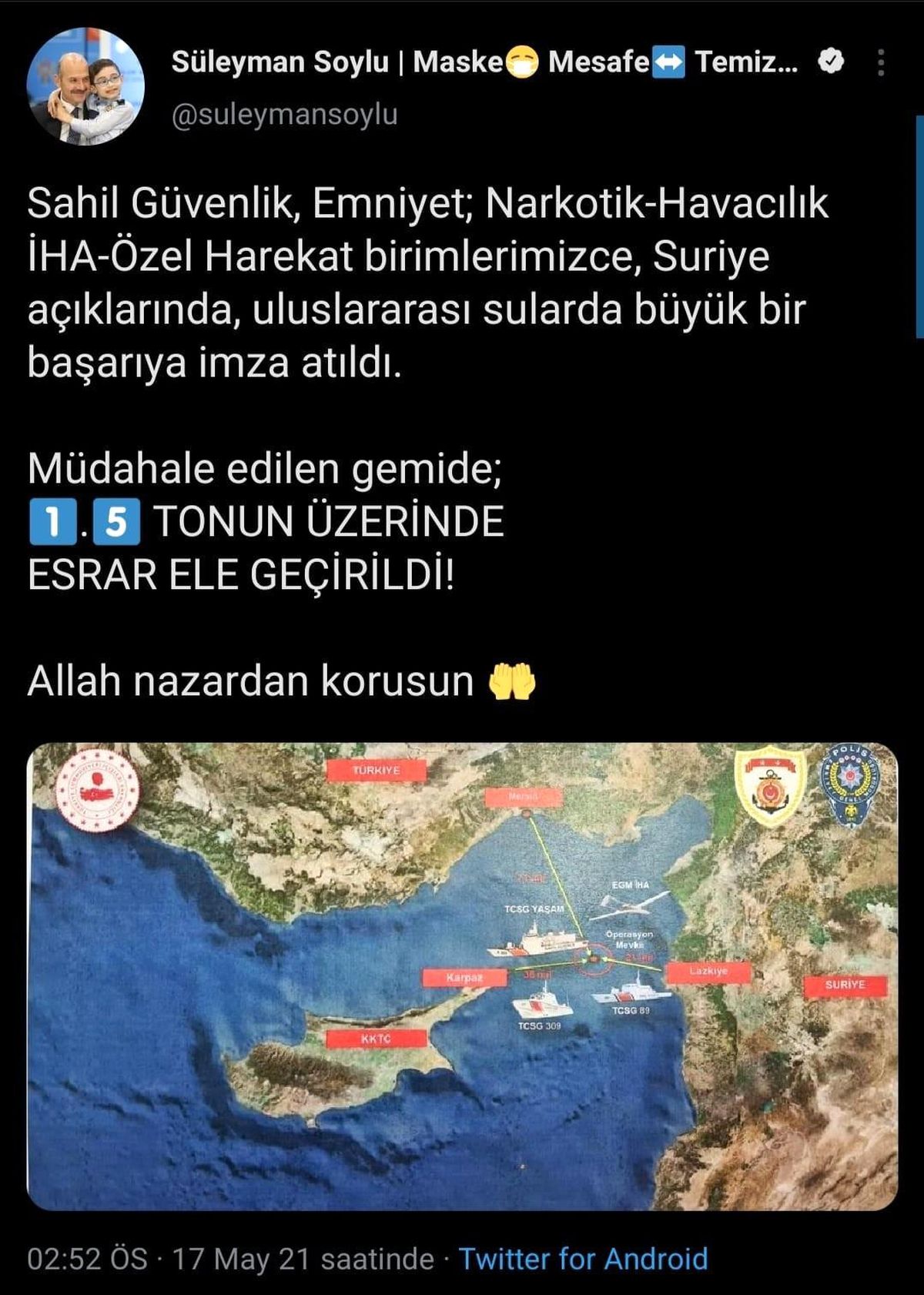 Son dakika haberi: Bakan Soylu: "Suriye açıklarında, uluslararası sularda büyük bir başarıya imza atıldı"