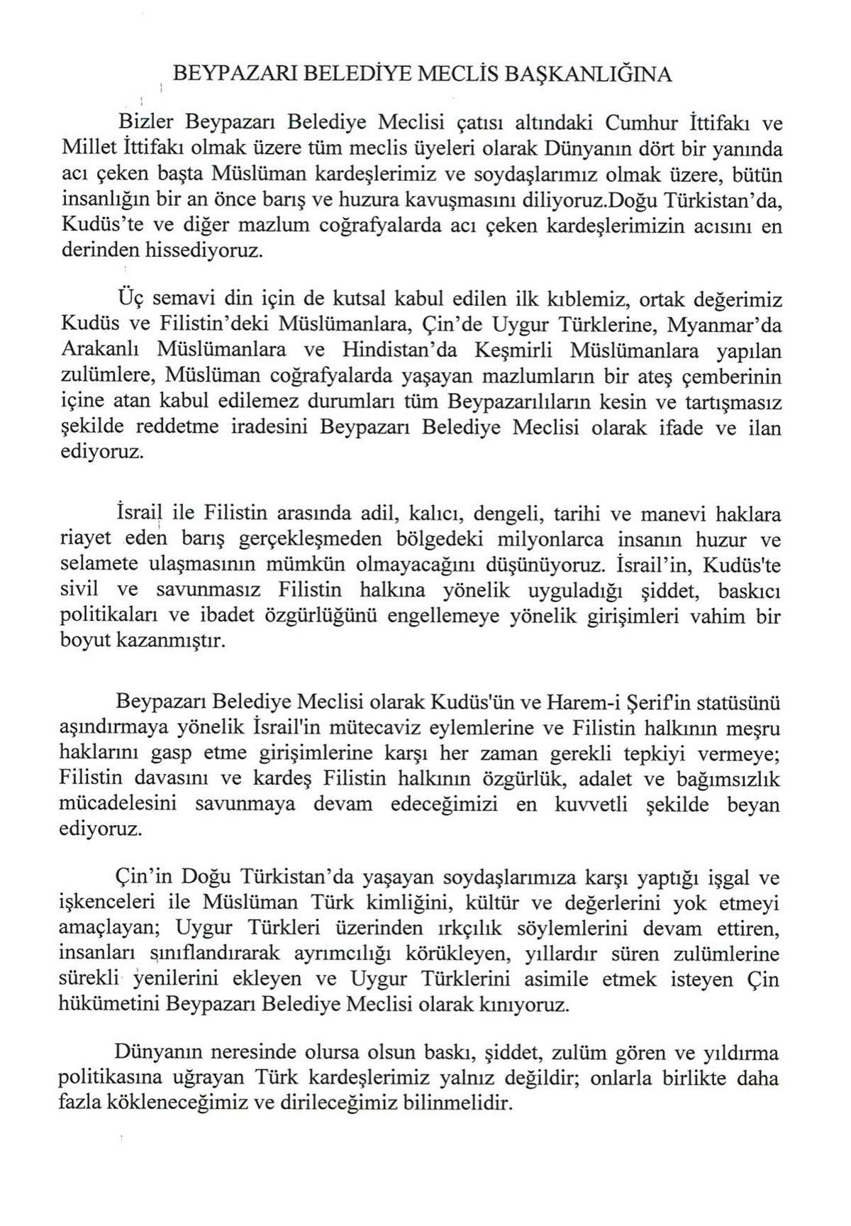 Beypazarı Belediye Meclisi\'nden İsrail, Çin, Myanmar ve Hindistan kınama