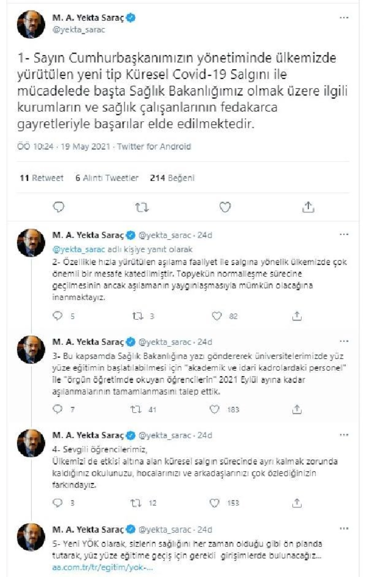 YÖK\'ten yüz yüze eğitim için \'eylüle kadar aşılanma\' talebi