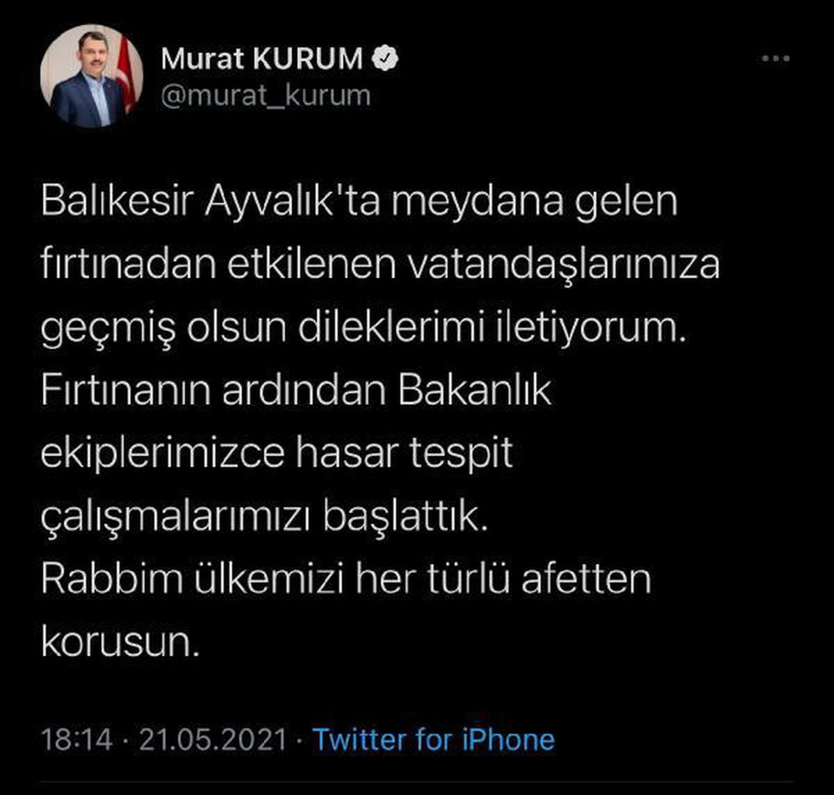 Bakan Kurum: "Balıkesir Ayvalık\'ta meydana gelen fırtınanın ardından hasar tespit çalışmalarımızı başlattık"