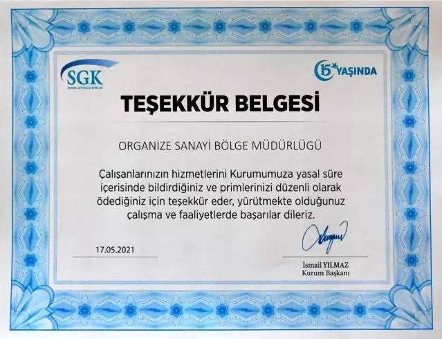 sgk dan kayseri osb ye tesekkur belgesi