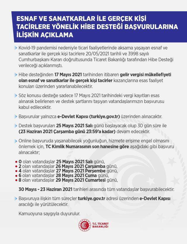 Hibe desteği başvuruları TC kimlik numarasının son hanesine göre yapılacak Hibe desteği başvuruları TC kimlik numarasının son hanesine göre yapılacak