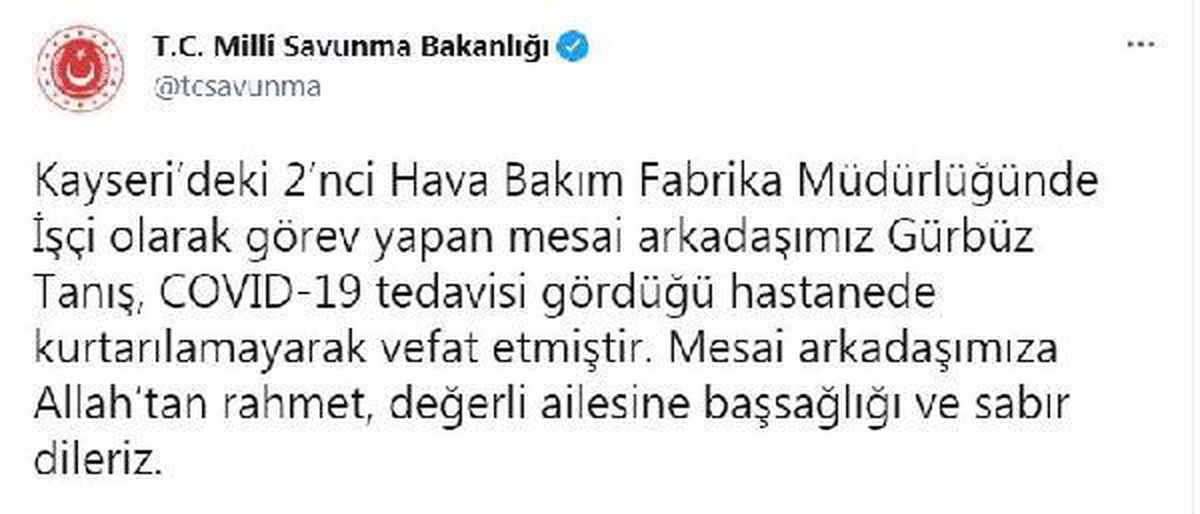 Son dakika haberi... MSB: Hava Bakım Fabrika Müdürlüğü\'nde çalışan işçi koronavirüsten öldü