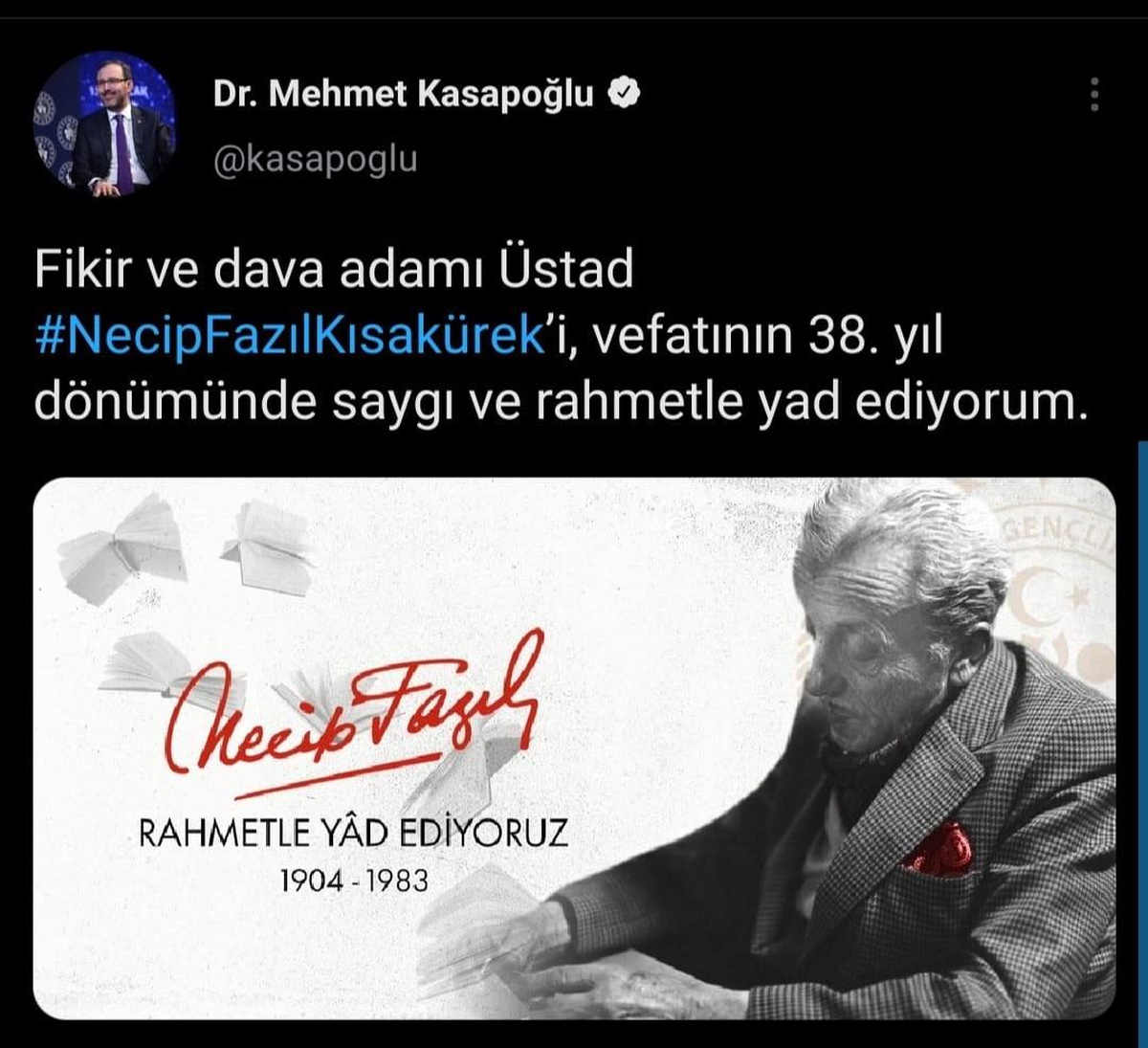 Bakan Kasapoğlu, merhum şair Necip Fazıl Kısakürek\'i andı
