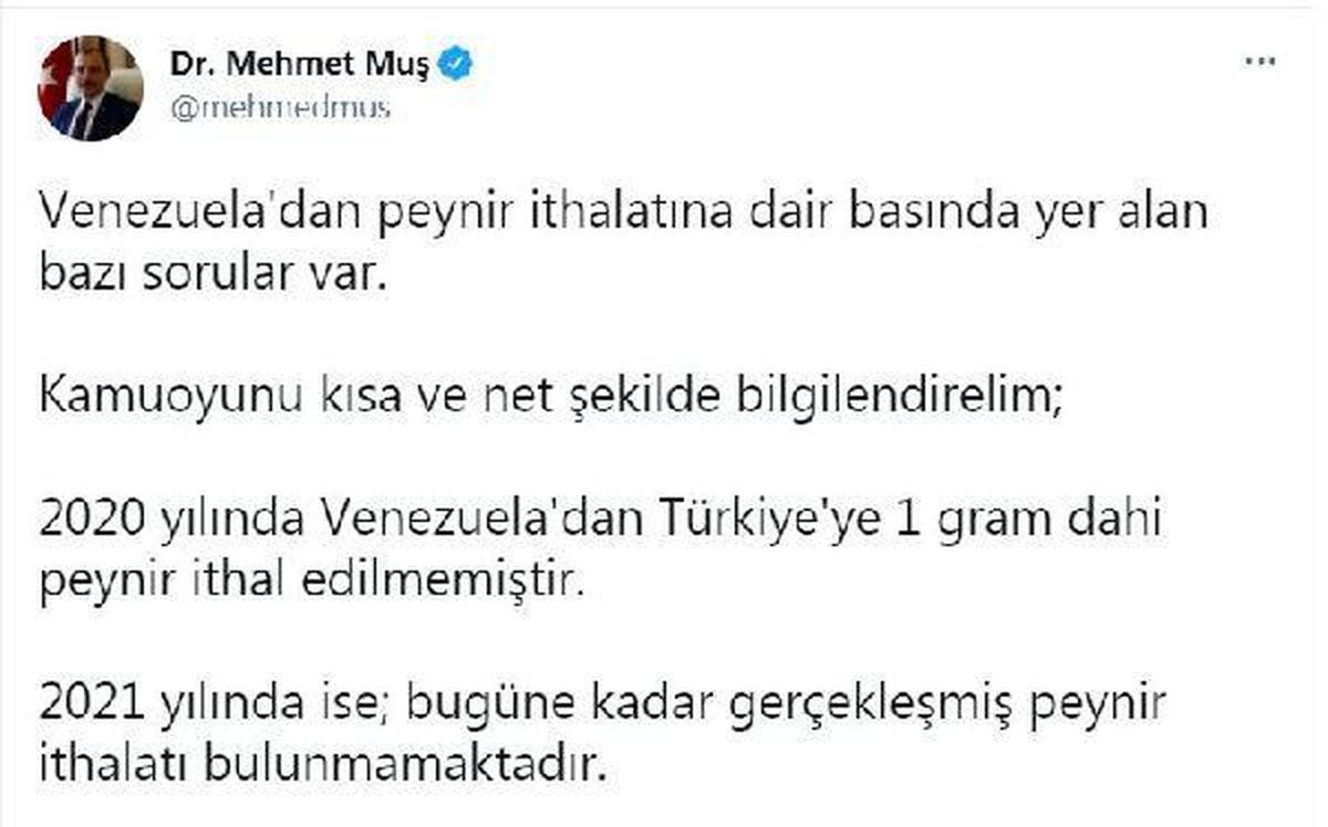 Bakan Muş: 2020\'de Venezuela\'dan 1 gram dahi peynir ithal edilmemiştir
