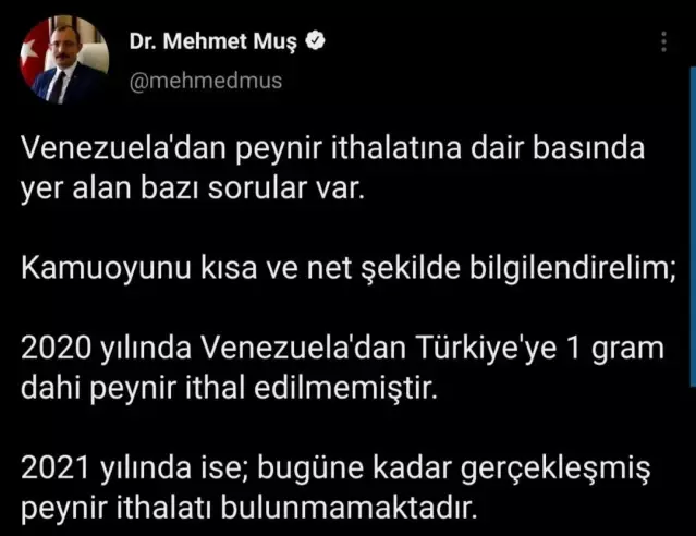 Bakan Muş: 2020 yılında Venezuela'dan Türkiye'ye bir gram dahi peynir ithal edilmemiştir 