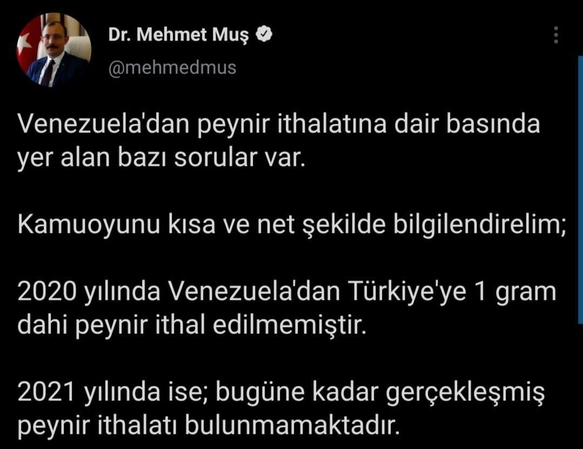 Son dakika haberi | Bakan Muş: "2020 yılında Venezuela\'dan Türkiye\'ye bir gram dahi peynir ithal edilmemiştir"