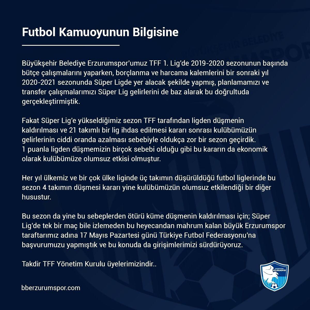 BB Erzurumspor küme düşmenin kaldırılması için TFF\'ye başvuruda bulundu