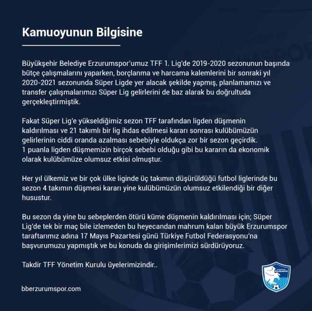 BB Erzurumspor, Süper Lig'de küme düşmenin kaldırılması için TFF'ye başvurdu