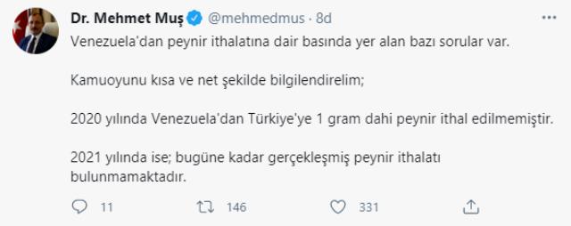 Ticaret Bakanı Muş'tan Venezuela'dan peynir ithalatı iddialarına ilişkin açıklama: 1 gram dahi alınmadı