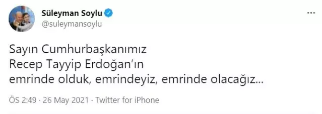 Son Dakika | Bakan Soylu: Sayın Cumhurbaşkanımız Recep Tayyip Erdoğan'ın emrinde olduk, emrindeyiz, emrinde olacağız. 