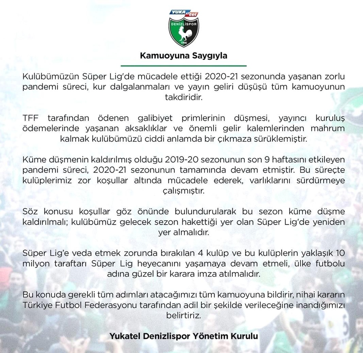 Denizlispor\'dan \'küme düşme bu sezon kaldırılsın\' talebi