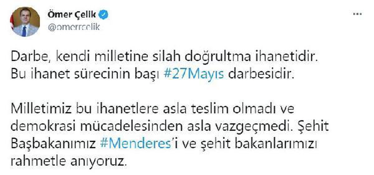 AK Parti Sözcüsü Çelik\'ten "27 Mayıs" mesajı Açıklaması
