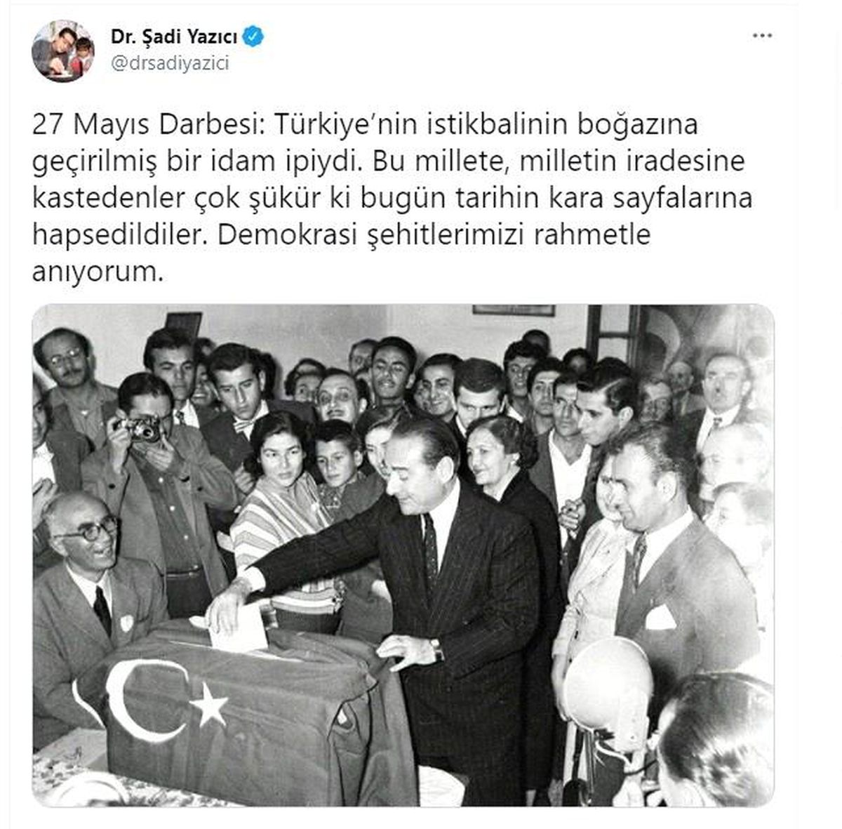 Başkan Yazıcı\'dan 27 Mayıs mesajı, "Türkiye\'nin istikbalinin boğazına geçirilmiş bir idam ipi idi"