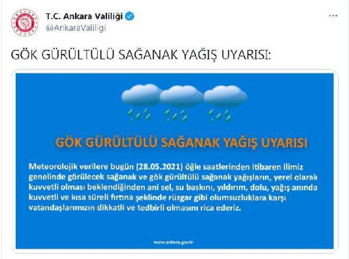 Ankara Valiliğinden gök gürültülü sağanak uyarısı