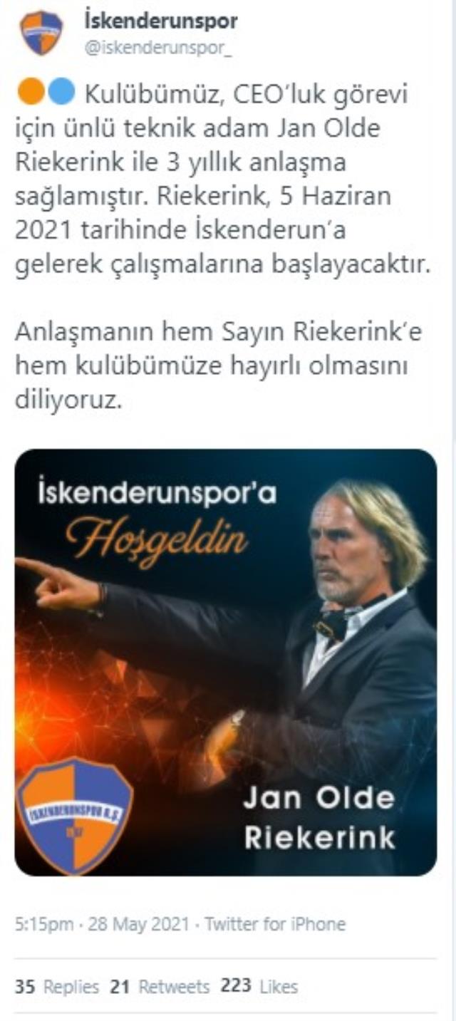 Galatasaray'ın başında kupa kazanan Riekerink, 3. Lig takımı İskenderunspor'la anlaştı