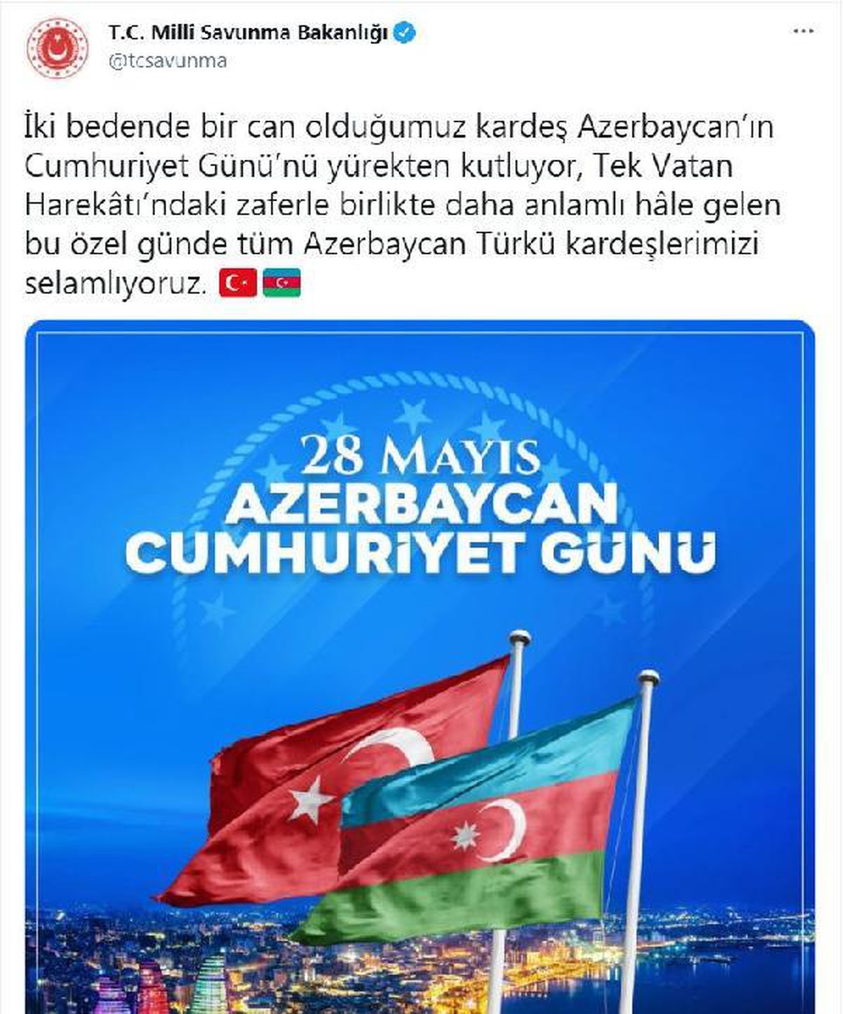 MSB, Azerbaycan\'ın Cumhuriyet Günü\'nü kutladı