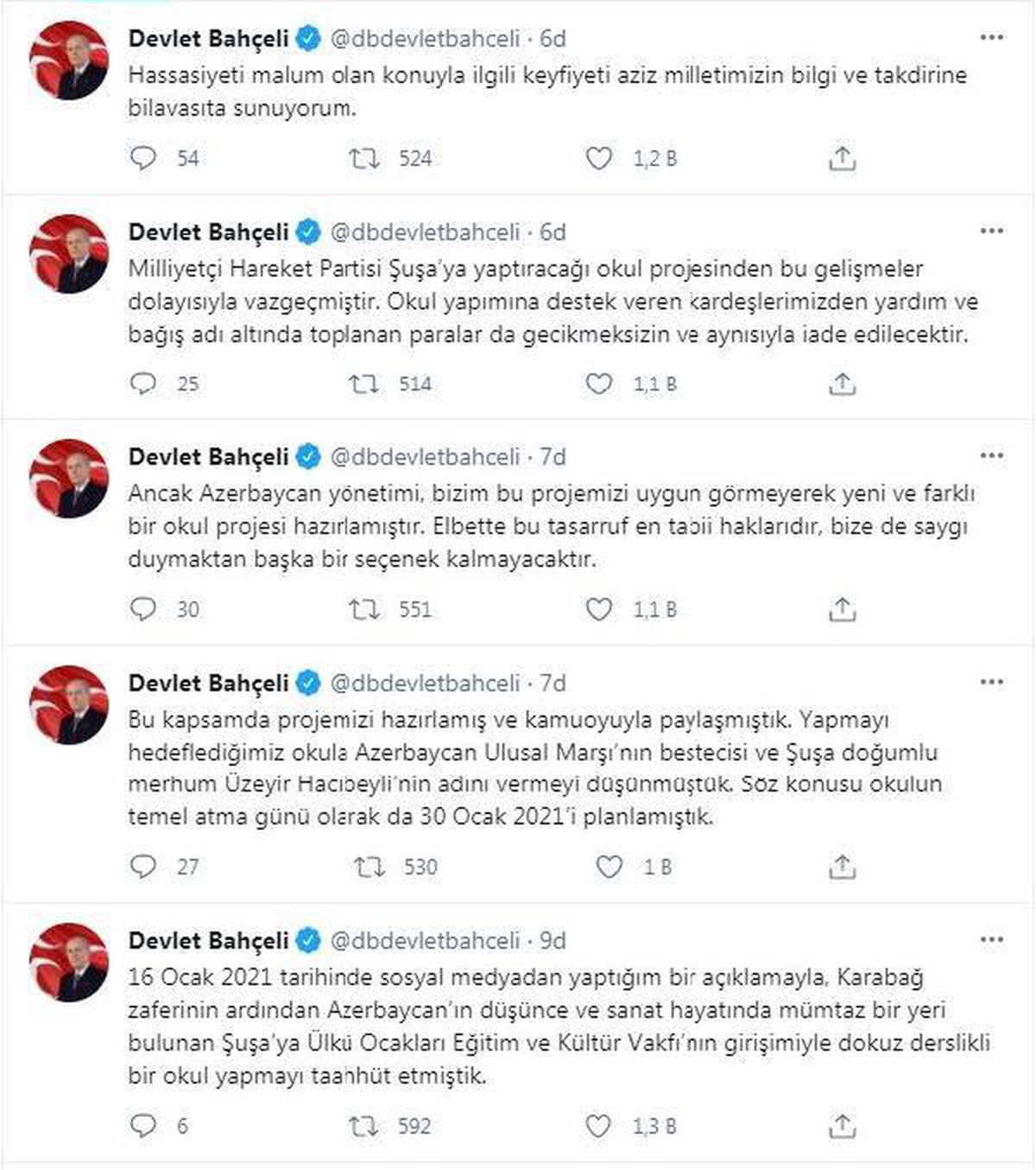 Bahçeli: Azerbaycan yönetimi okul projemizi uygun görmedi