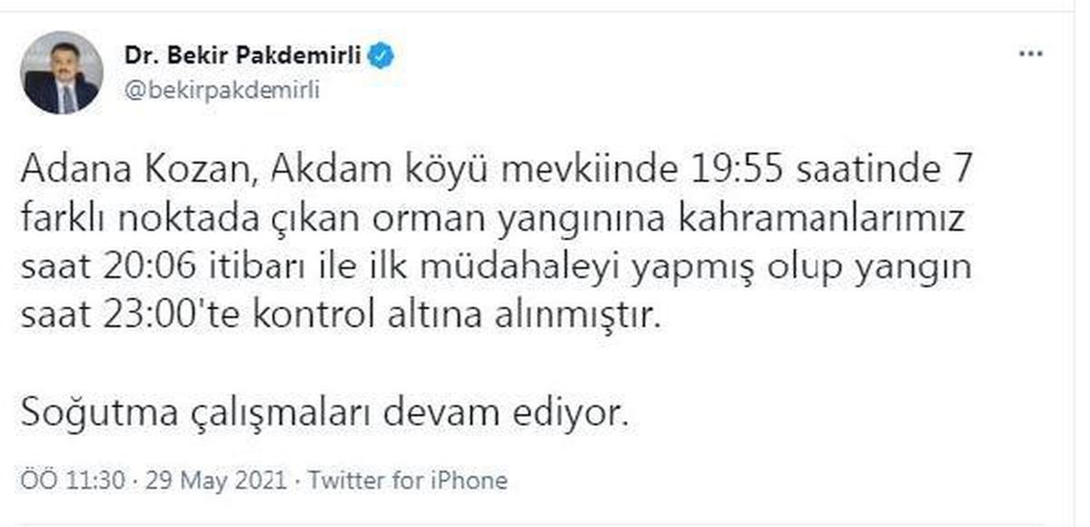 Son dakika haberi: Bakan Pakdemirli: Kozan\'daki orman yangını kontrol altına alındı