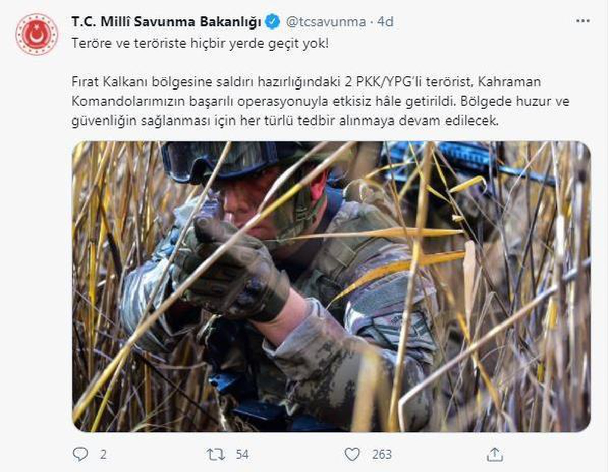Son dakika: MSB: Fırat Kalkanı bölgesinde 2 terörist etkisiz hale getirildi