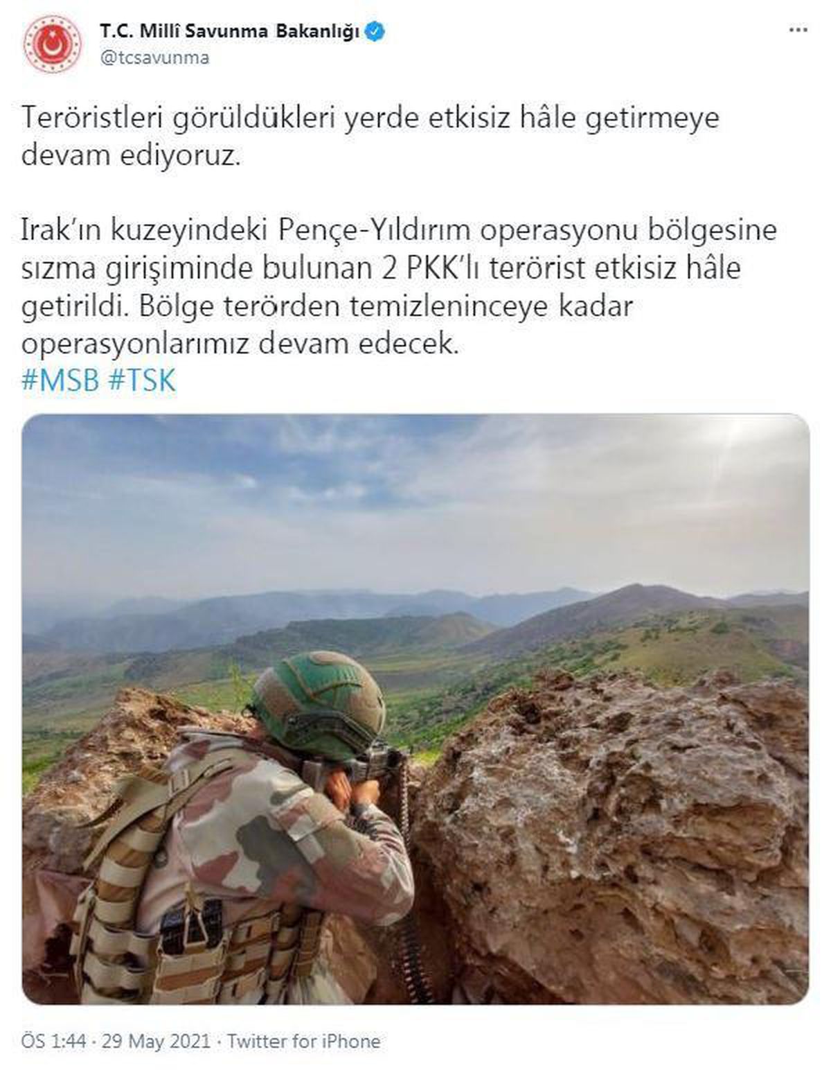 MSB: Irak\'ın kuzeyinde 2 PKK\'lı terörist etkisiz hale getirildi