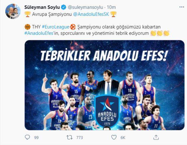 EuroLegue şampiyonu Anadolu Efes'e siyasilerden tebrik mesajı yağdı - Son Dakika Spor