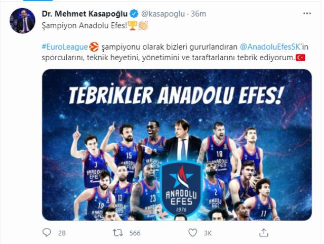 EuroLegue şampiyonu Anadolu Efes'e siyasilerden tebrik mesajı yağdı - Son Dakika Spor