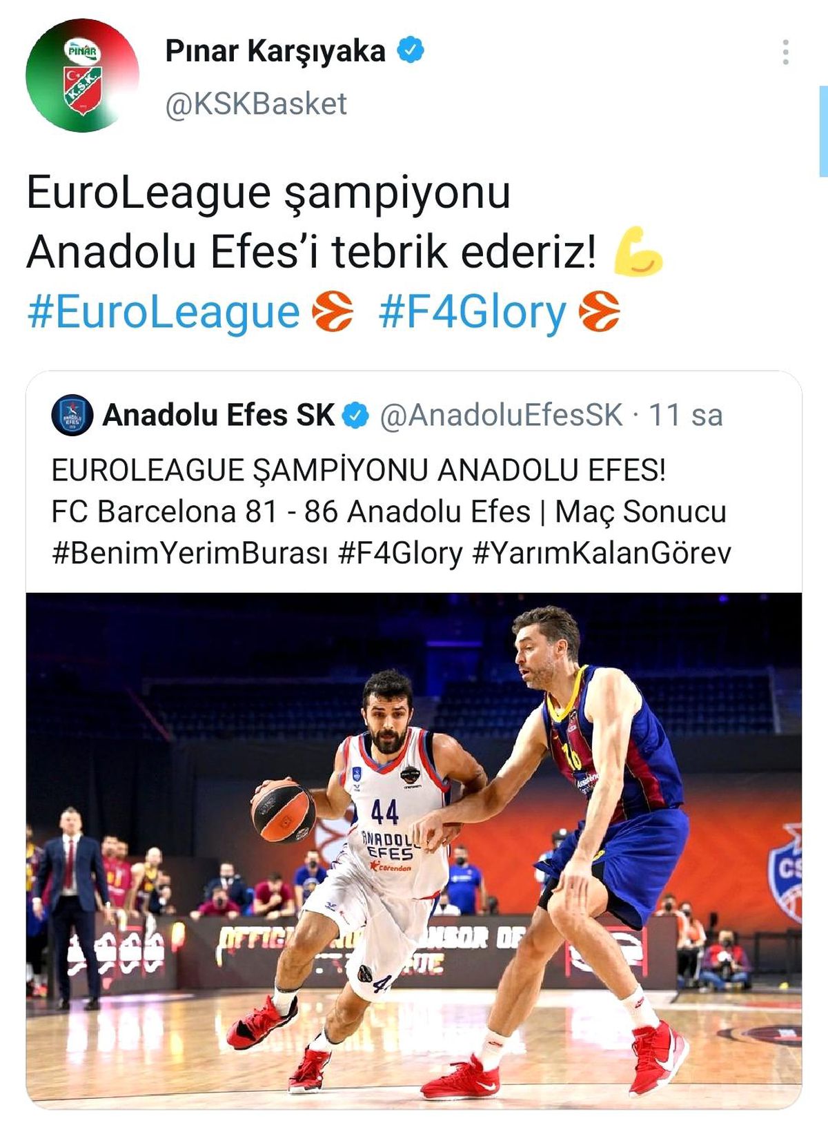 İzmir kulüplerinden Anadolu Efes\'e tebrik