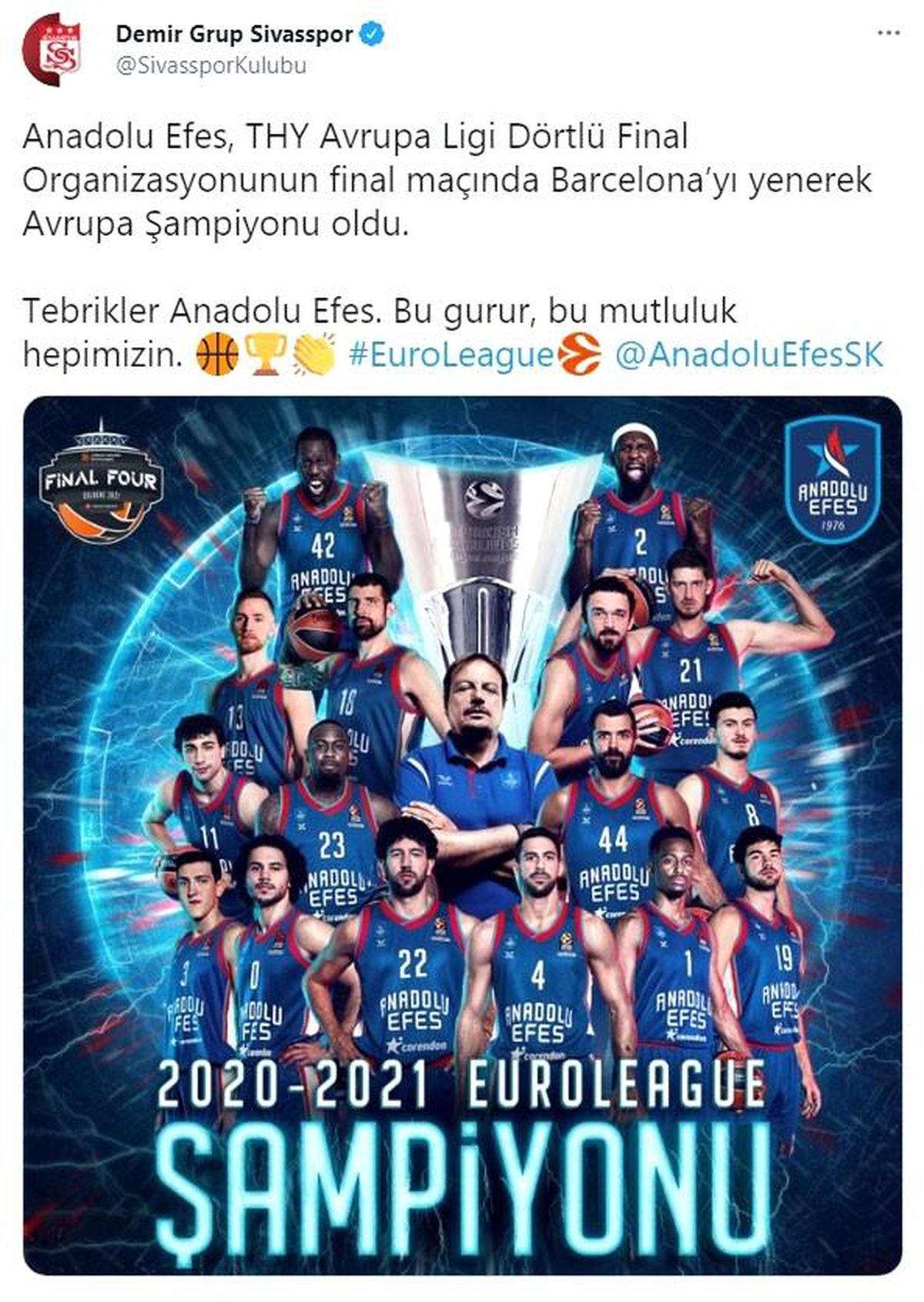 Sivasspor\'dan Anadolu Efes\'e tebrik mesajı: "Bu gurur hepimizin"