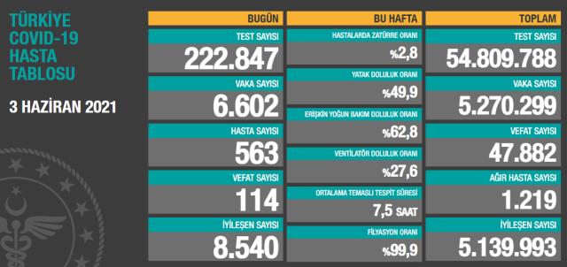 Son Dakika: Türkiye'de 3 Haziran günü koronavirüs nedeniyle 114 kişi vefat etti, 6 bin 602 yeni vaka tespit edildi