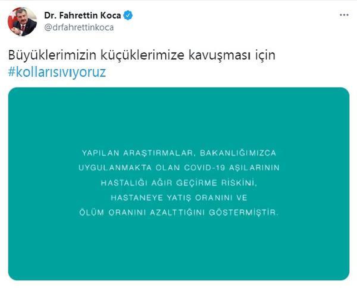 Bakan Koca: Büyüklerimizin küçüklerimize kavuşması için kolları sıvıyoruz