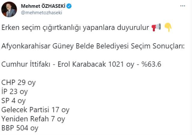 Güney beldesindeki seçimlerin ardından Mehmet Özhaseki dikkat çeken sözler: Erken seçim çığırtkanlığı yapanlara duyurulur