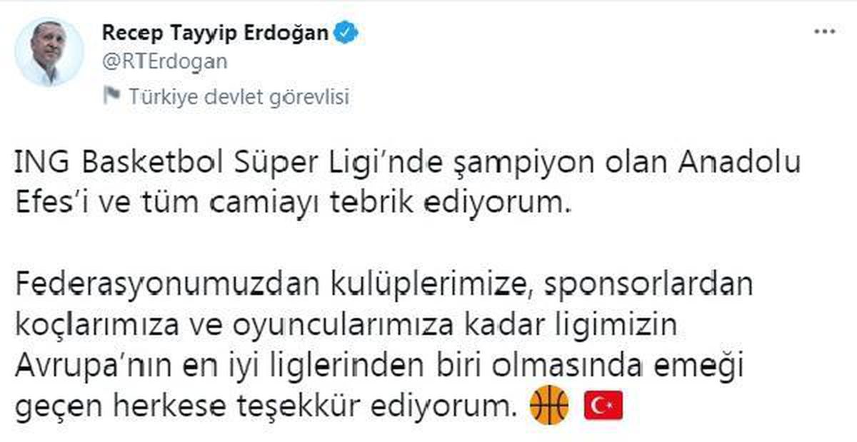 Cumhurbaşkanı Erdoğan ve Bakan Kasapoğlu\'ndan Anadolu Efes\'e tebrik