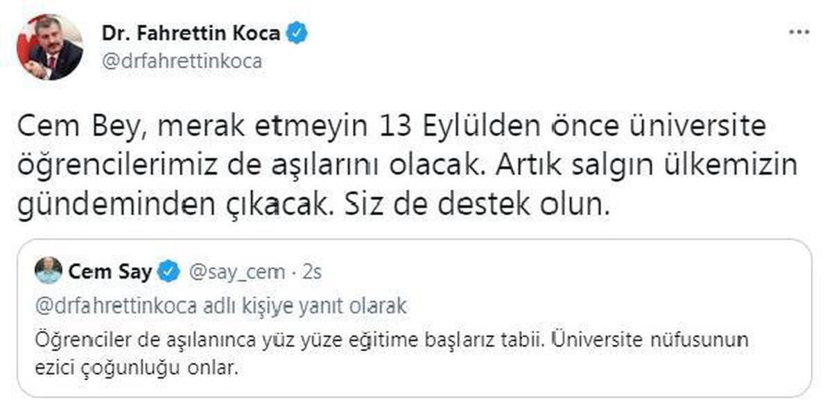 Bakan Koca: 13 Eylül\'den önce üniversite öğrencilerimiz de aşılarını olacak
