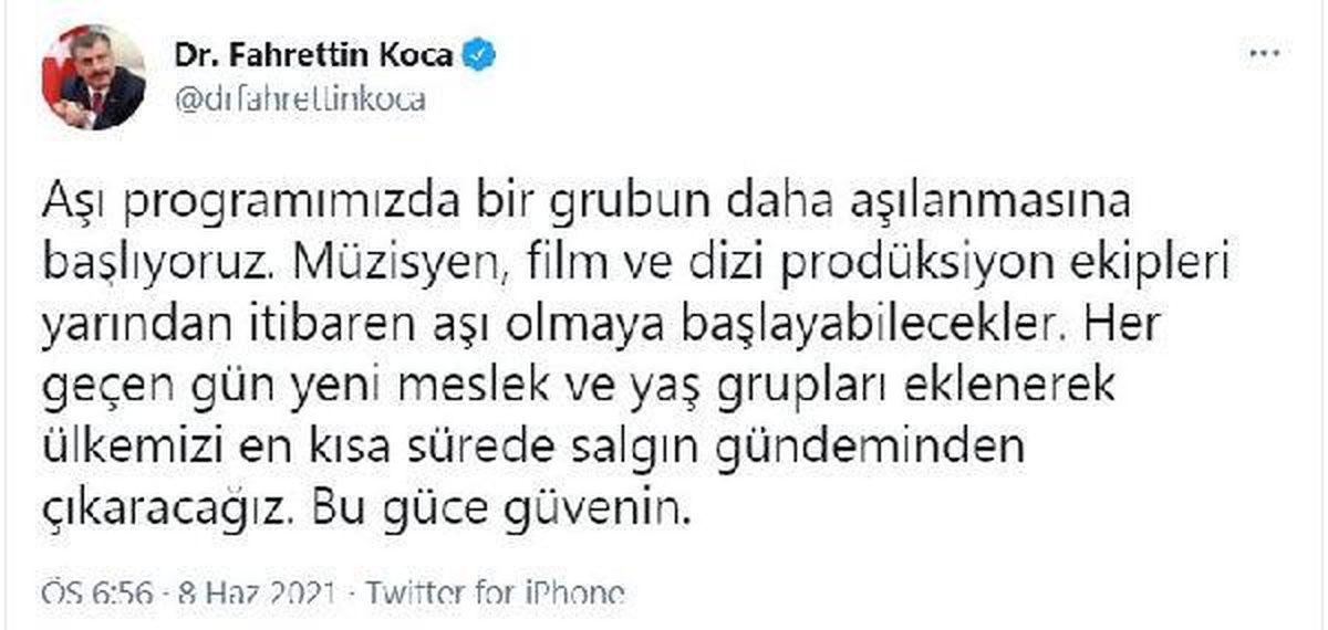Sağlık Bakanı Koca: "Müzisyen, film ve dizi prodüksiyon ekipleri yarından itibaren aşı olmaya başlayabilecek"