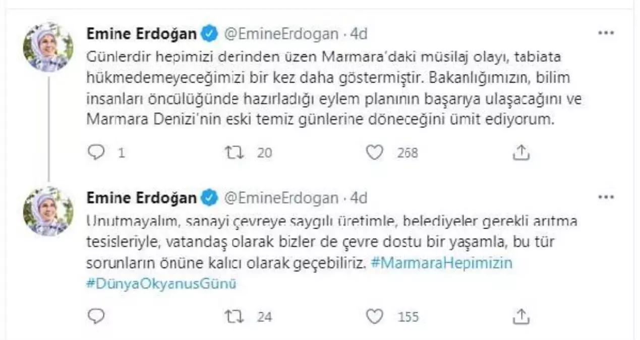 Emine Erdoğan: "Marmara Denizi\'nin eski temiz günlerine döneceğini ümit ediyorum"