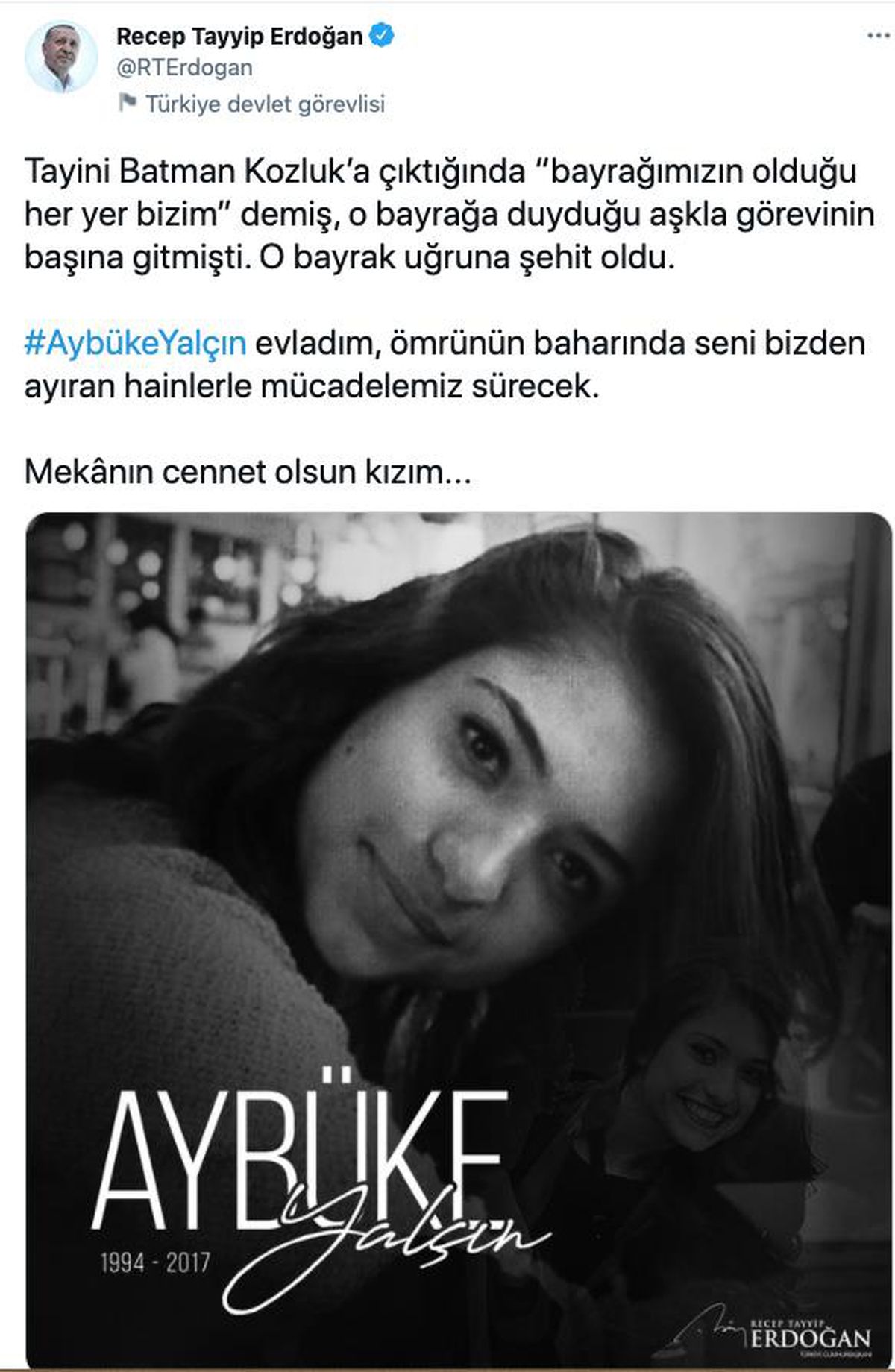 Cumhurbaşkanı Erdoğan\'dan Aybüke öğretmen paylaşımı