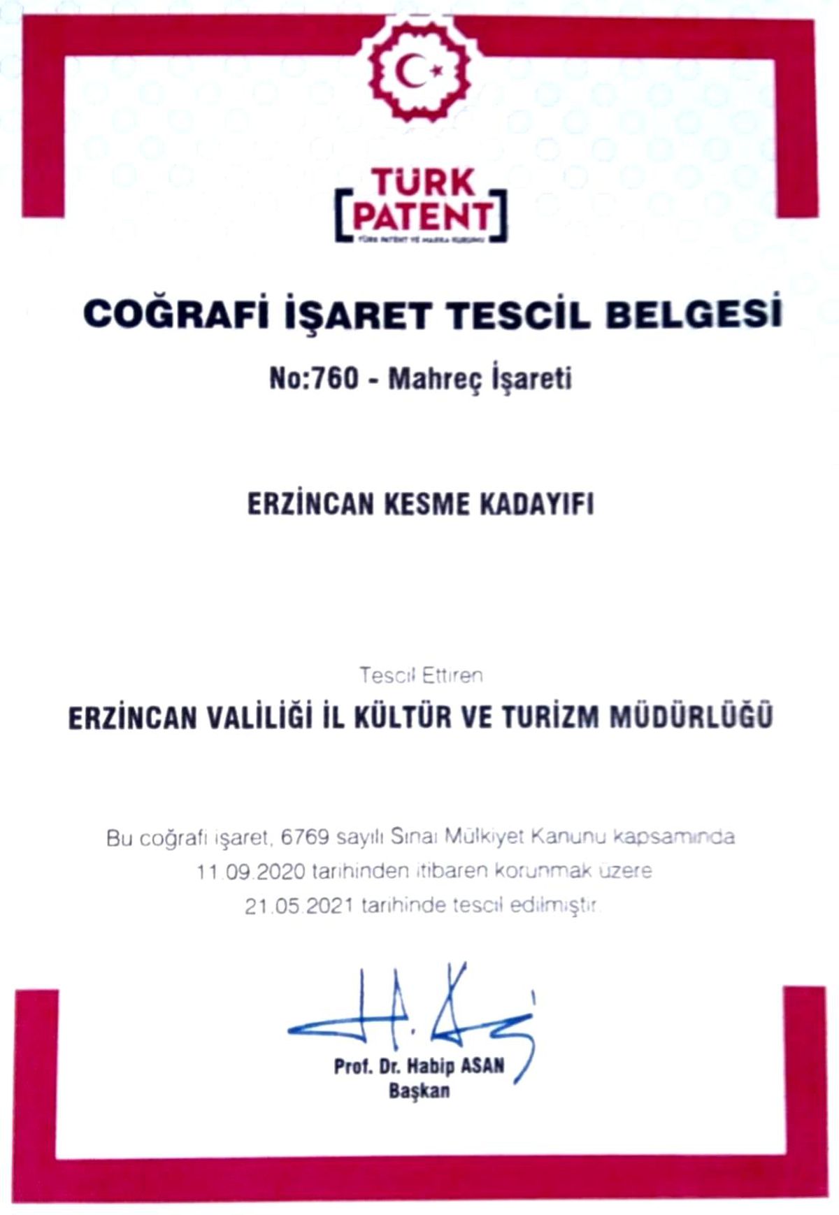 Erzincan Kesme Kadayıfı, Coğrafi İşaret Tescil Belgesi aldı