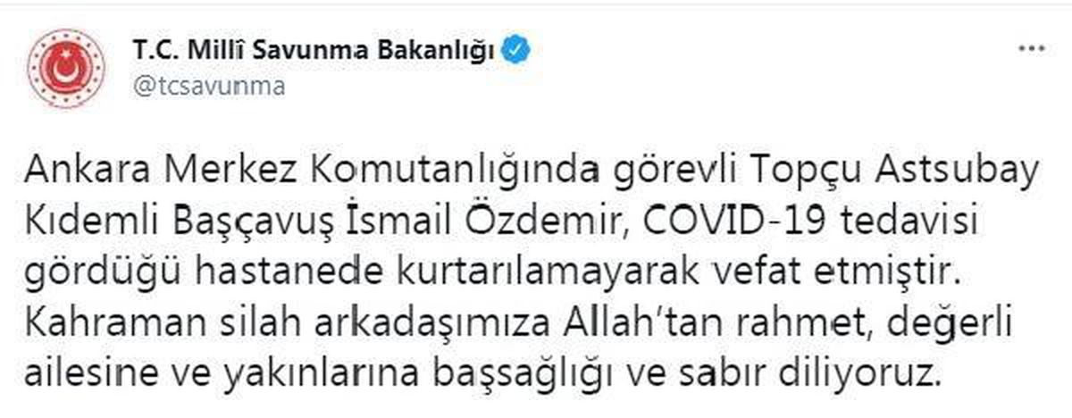 Son dakika haberi | MSB: Koronavirüs tedavisi gören asker hayatını kaybetti