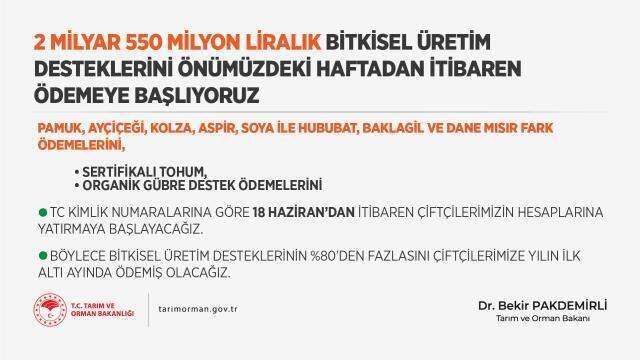 2,5 milyar liralık bitkisel üretim destekleri 18 Haziran'dan itibaren ödenecek