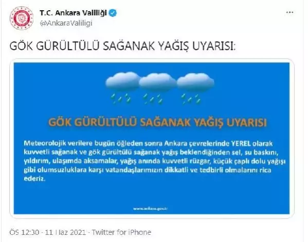 Ankara Valiliği'nden 'sağanak' uyarısı