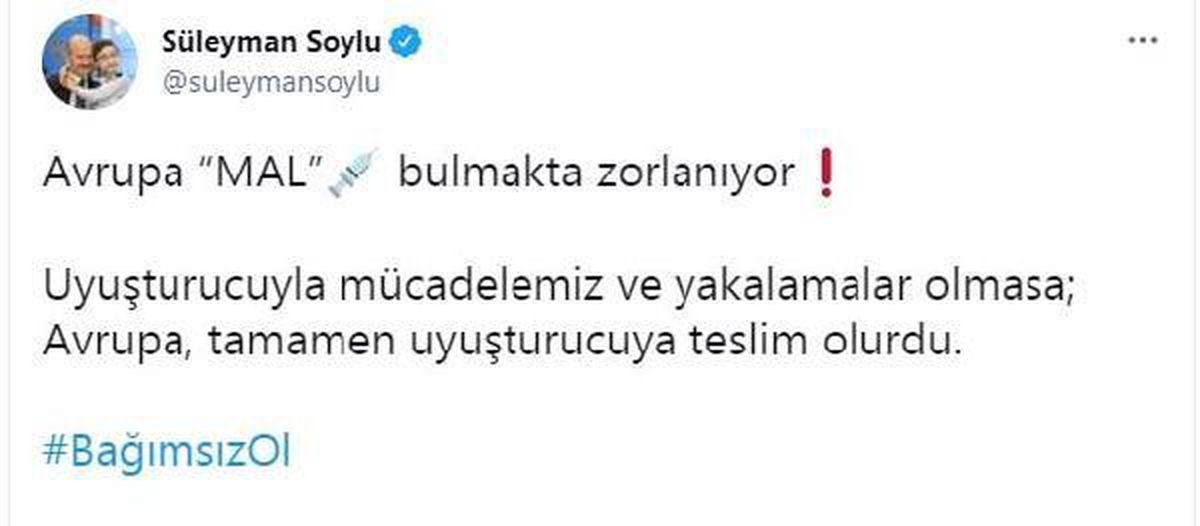 Bakan Soylu\'dan Avrupa Uyuşturucu Raporu\'yla ilgili paylaşım Açıklaması
