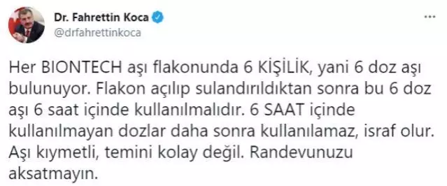 Son Dakika Bakan Koca'dan BioNTech uyarısı: 6 saat içinde kullanılmayan aşılar israf oluyor - Son Dakika