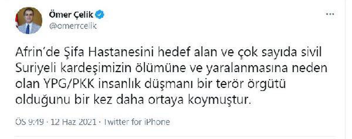 AK Parti Sözcüsü Çelik\'ten Afrin\'de Şifa Hastanesi\'ni hedef alan saldırıyı lanetledi