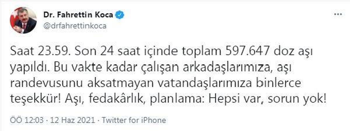 Bakan Koca:  24 saat içinde toplam 597 bin 647 doz aşı yapıldı