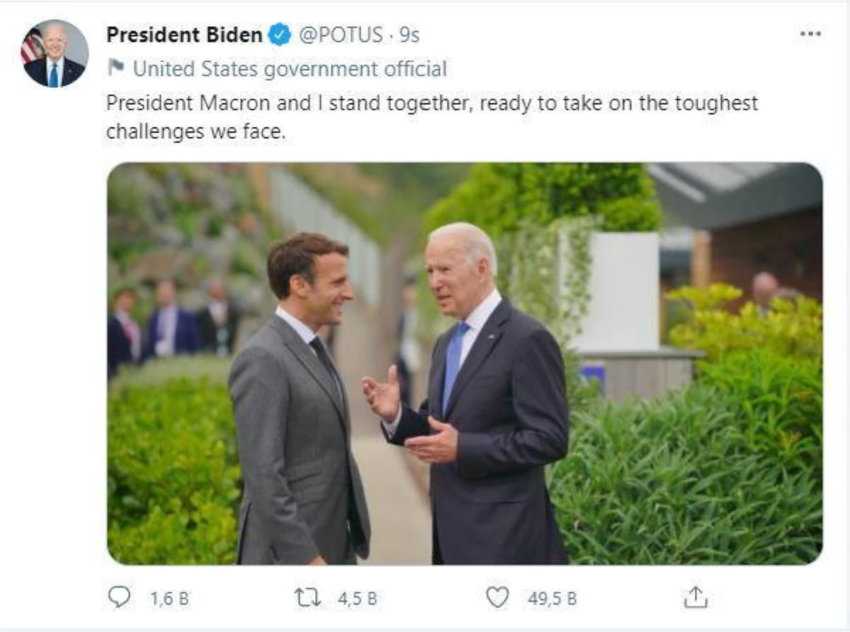 Biden\'ın G7 yemeğinden Macron paylaşımı