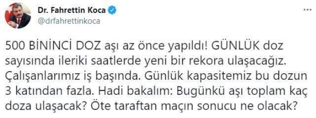 Gün sonunu işaret eden Bakan Koca aşılamada rekor müjdesini verdi: Bugün 600 bin doz aşı yapıldı Gün sonunu işaret eden Bakan Koca aşılamada rekor müjdesini verdi: Bugün 600 bin doz aşı yapıldı