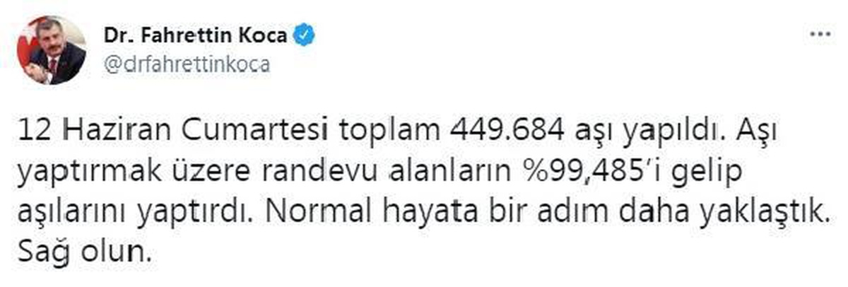 Bakan Koca: Cumartasi toplam 449 bin 684 aşı yapıldı